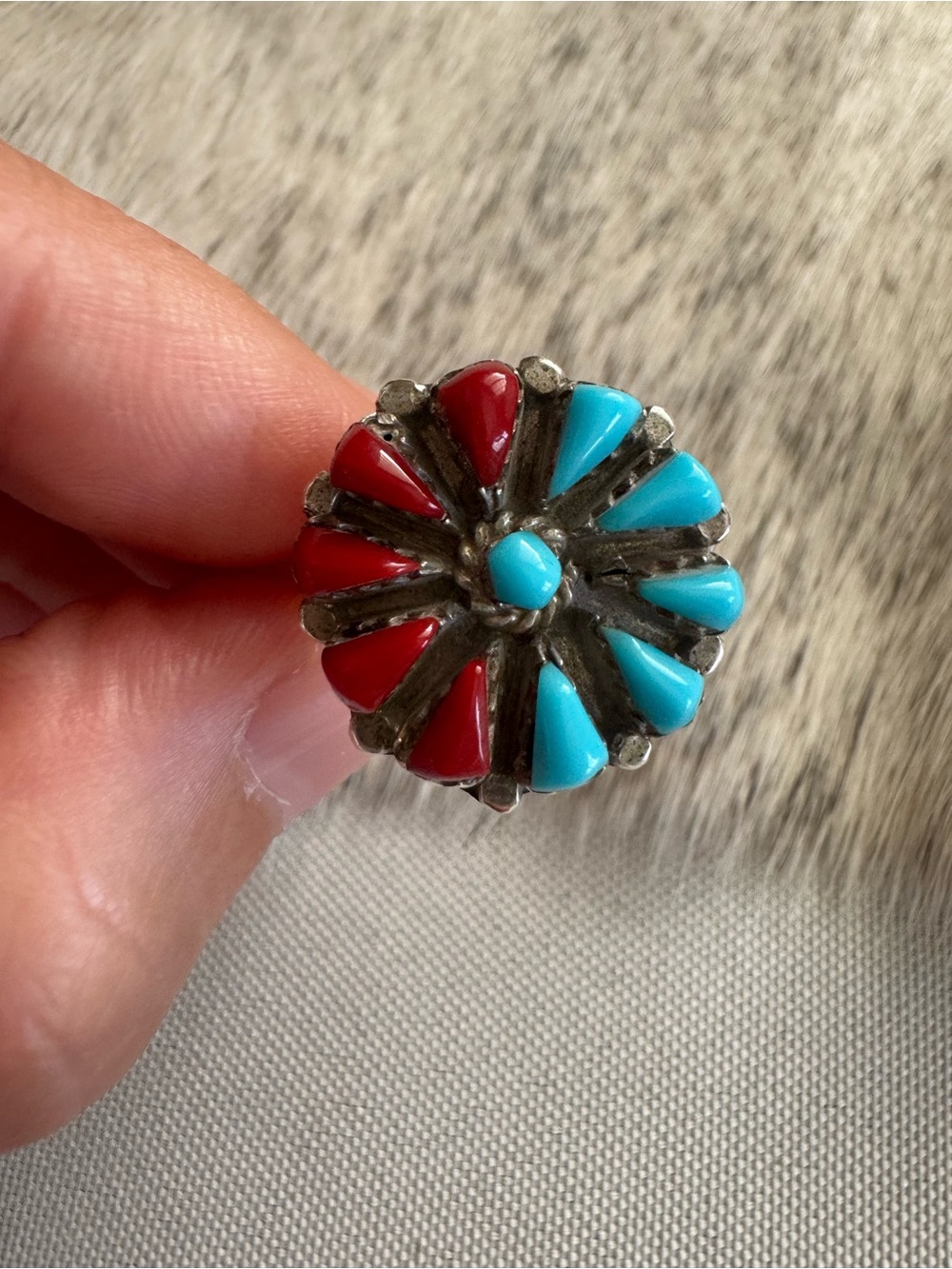 Vintage Zuni Coral and Turquoise Flower Cluster Ring